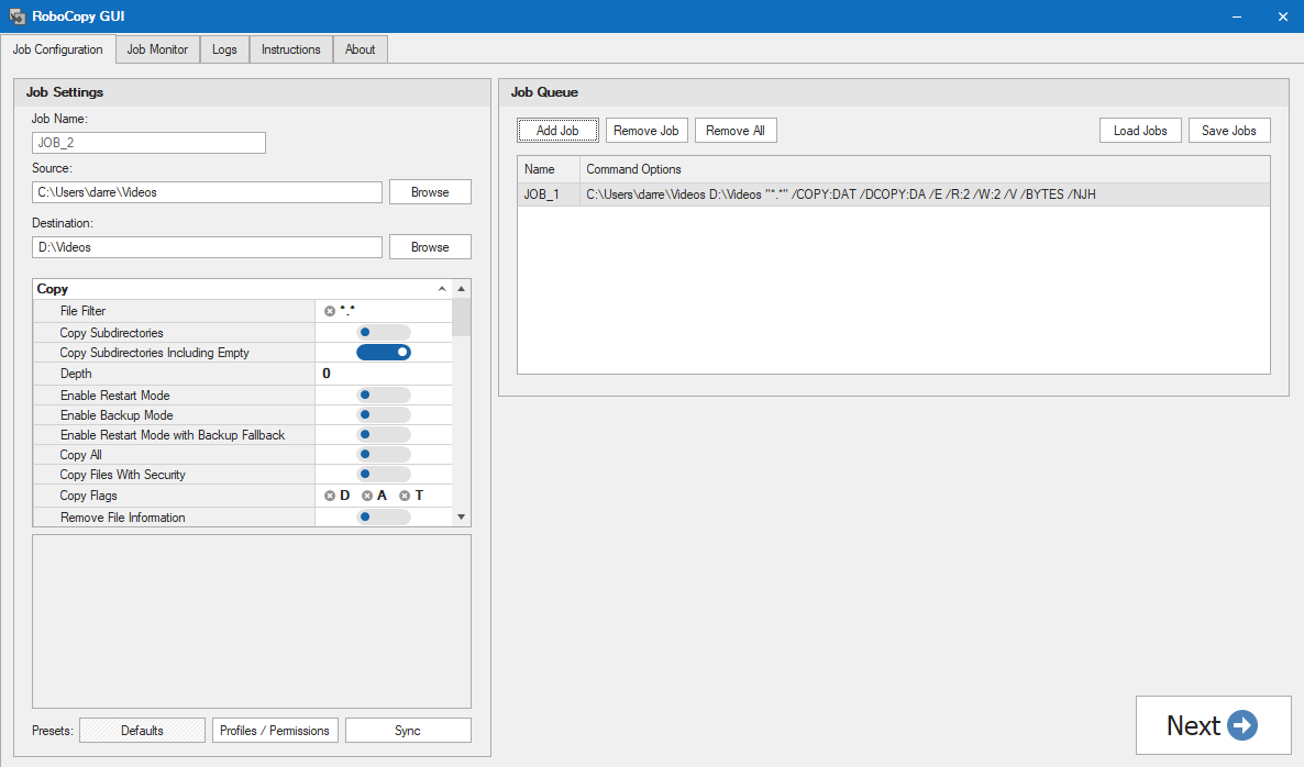 screenshot of RoboCopy GUI